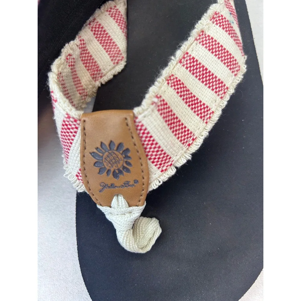 Yellow Box‎ Flip Flops Women 7.5 Black Red Striped Frayed Wedge Sandals - Picture 3 of 6